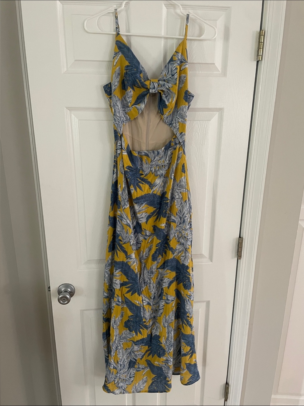 Blue Yellow Tropical pattern Maxi Dress with Spaghetti Straps and middle cut out
